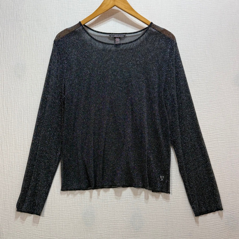 Victoria's Secret Mesh Top Women M/L‎ Black Shimmer Metallic Long Sleeve Gothic